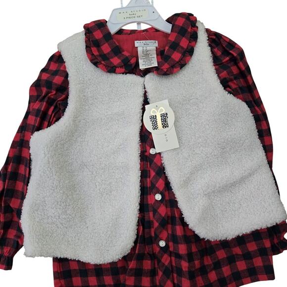 NWT Max Studio 3pc Holiday Outfit Flannel Shirt Vest & Leggings Sz 3-4 Years Old - Picture 2 of 4